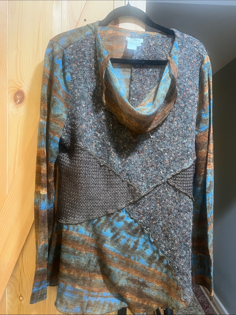 Feratelli brand Boho Patchwork Cowl Neck topBrown & Teal size large